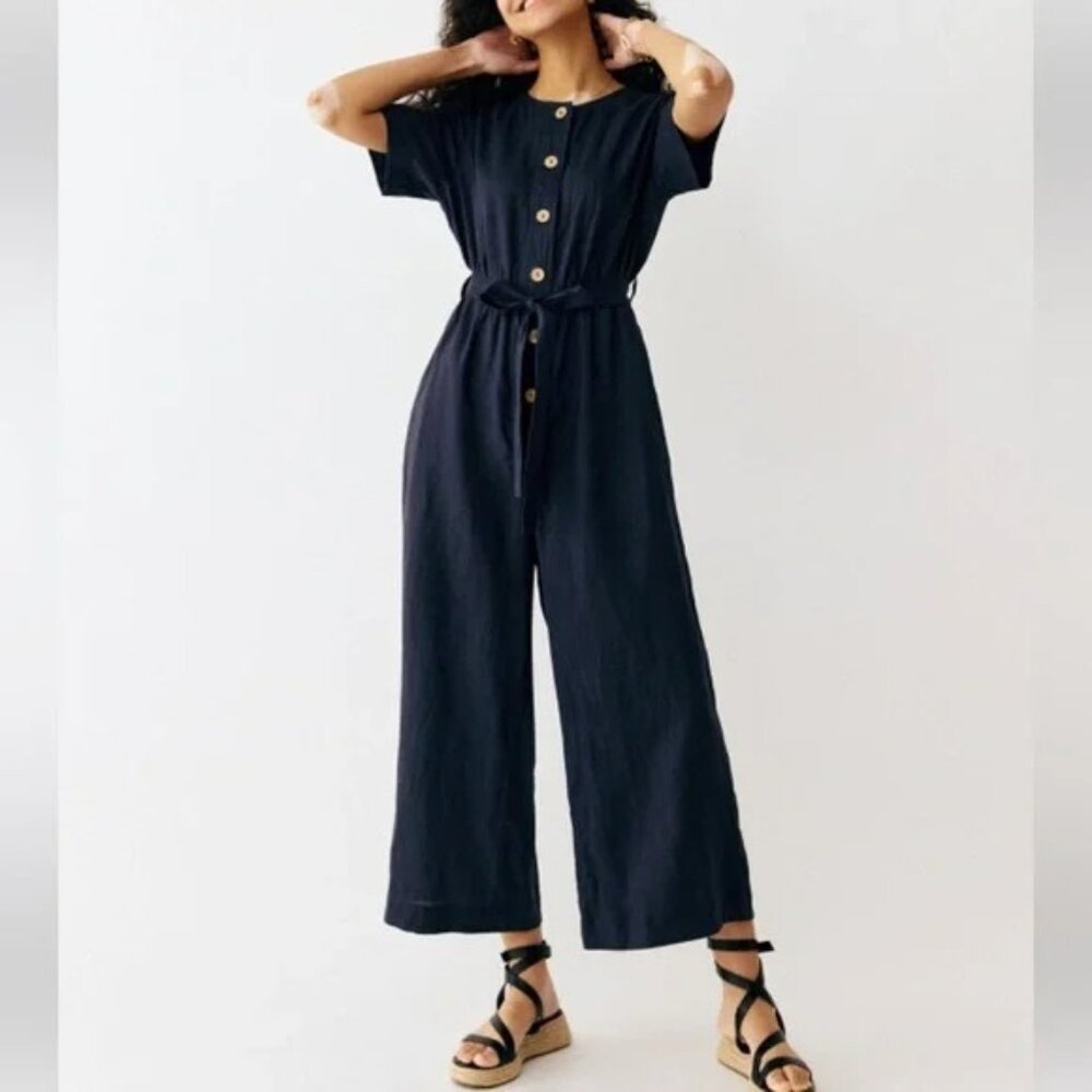 Grae Cove Jumpsuit Women S Navy Blue 100% Linen Short Sleeve Button Front Belted